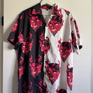 SHEIN Black & White Short-Sleeve Button-Up with Red Demon Print